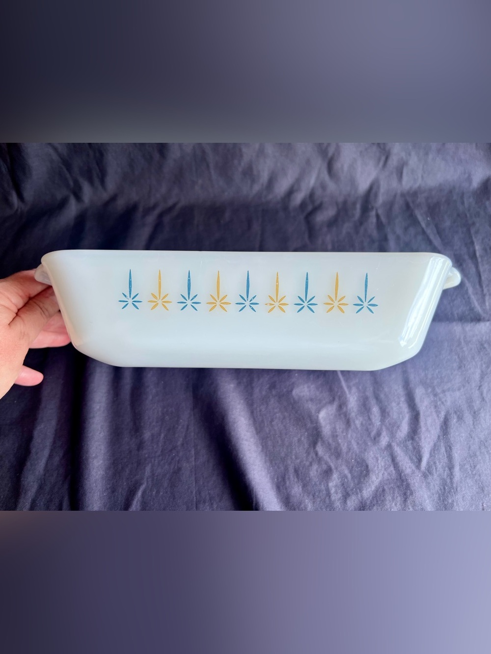 Anchor Hocking Fire King Rectangle 1-qt. Casserole Dish Blue Gold Starburst #441